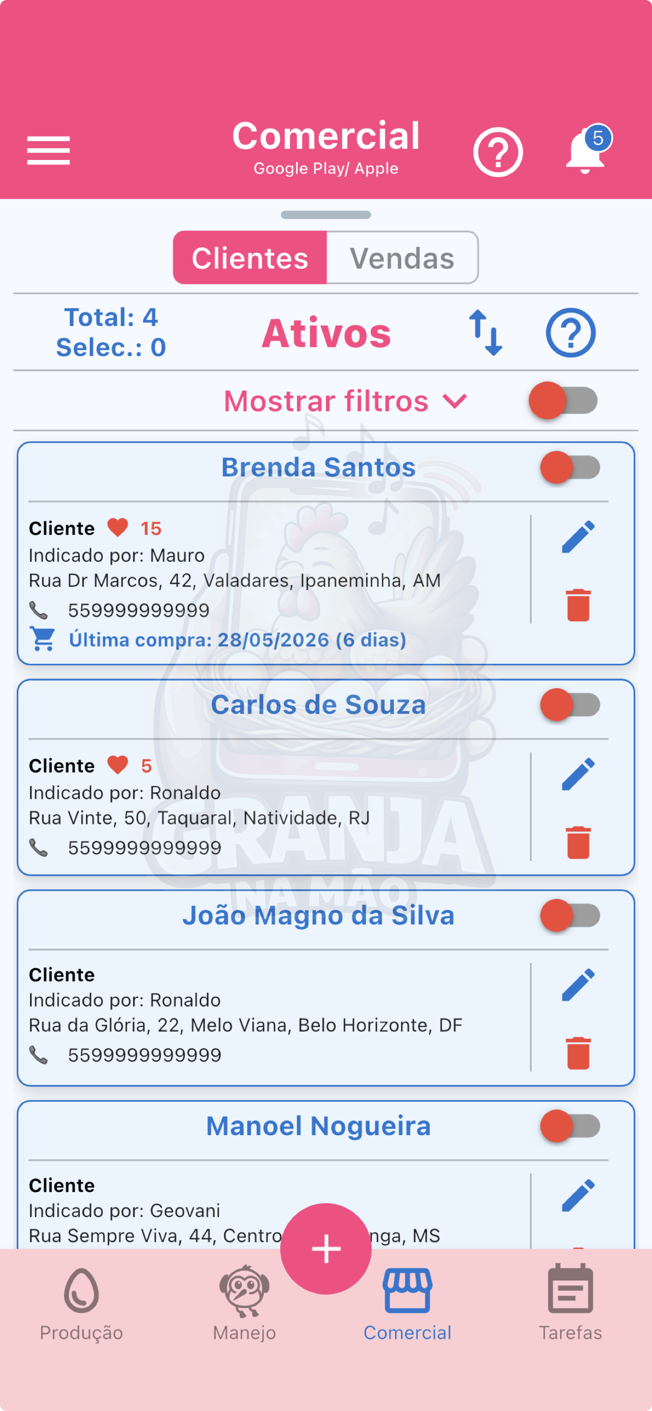 Tela de clientes do aplicativo Granja na Mão