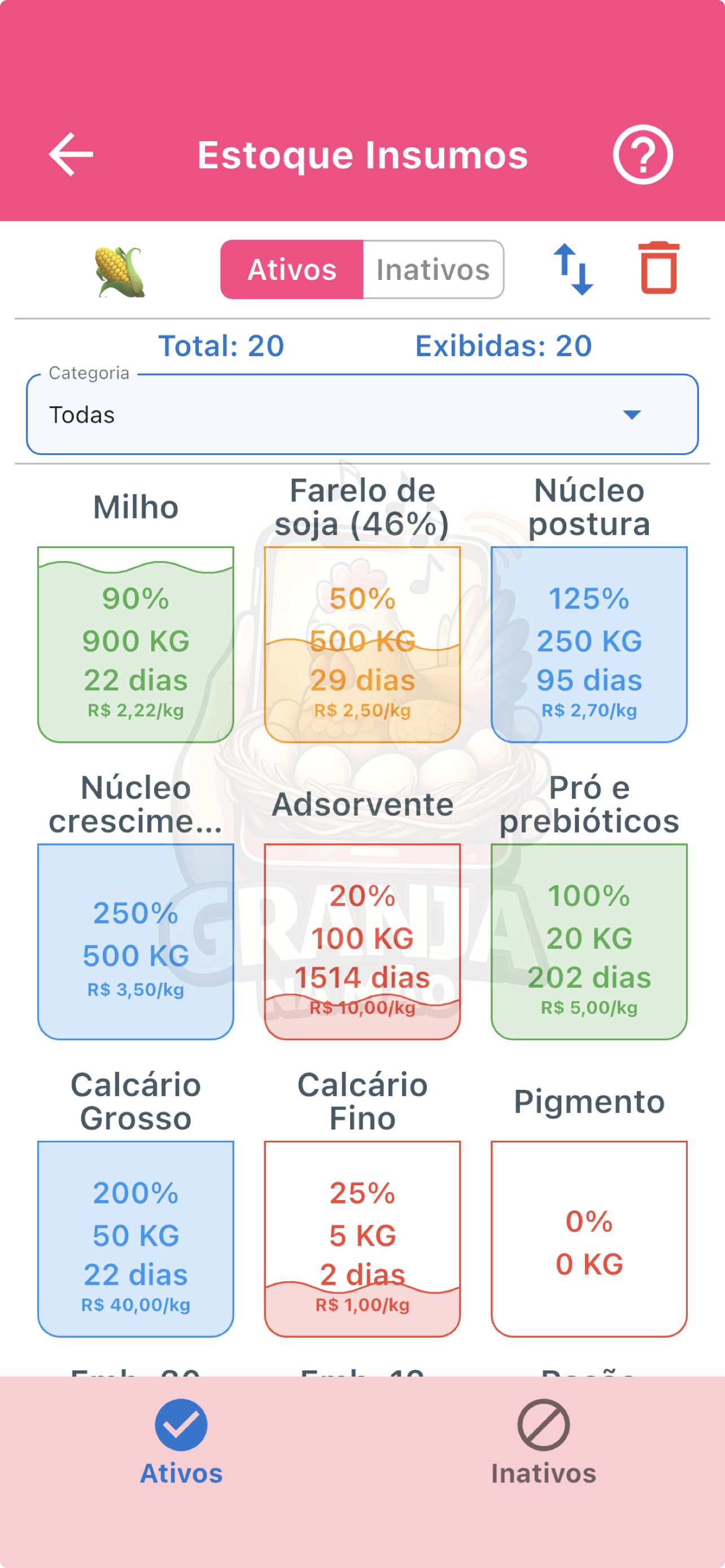 Tela de estoque de insumos do aplicativo Granja na Mão