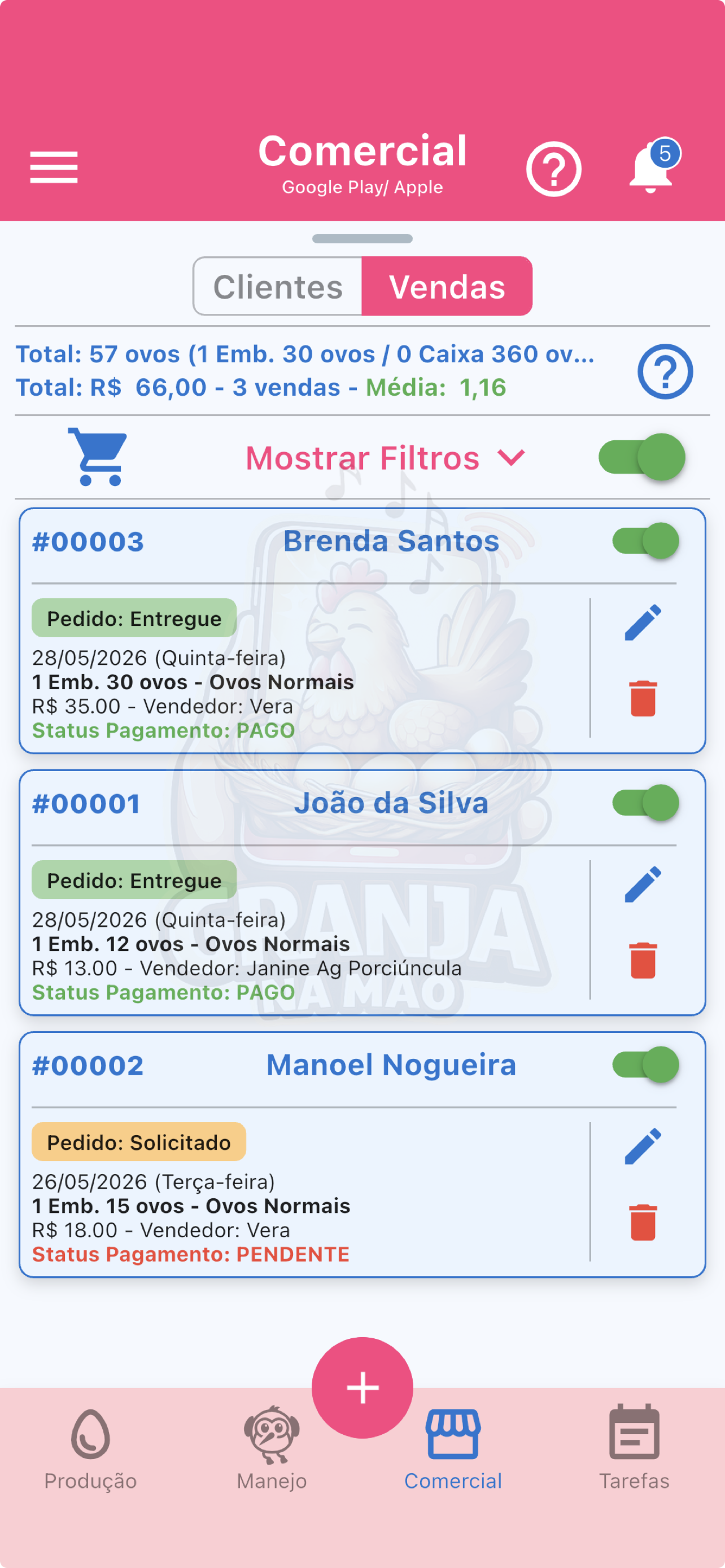 Tela de vendas do aplicativo Granja na Mão